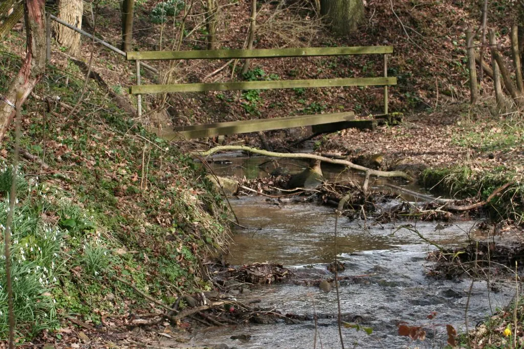 Het beekje dat over het terrein loopt, met een klein houten brugje