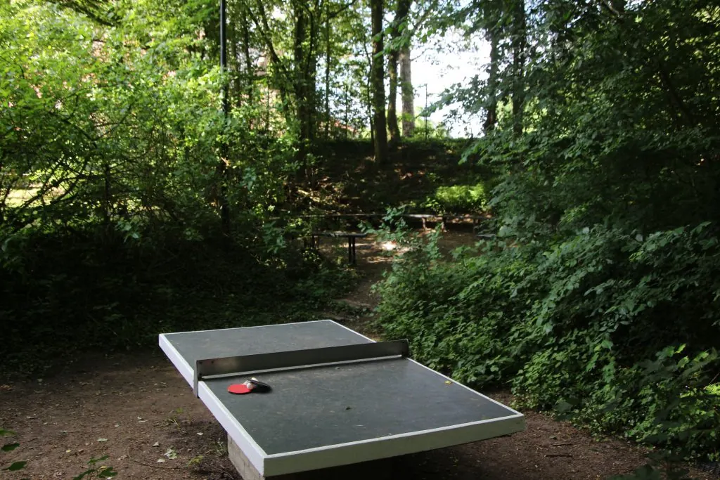 De tafeltennistafel buiten, aan de rand van het bos